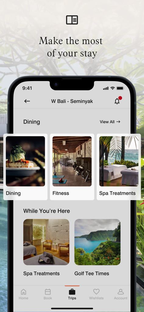 Interface do aplicativo Marriott Bonvoy mostrando comodidades do hotel, incluindo restaurantes, fitness e tratamentos de spa para uma estadia no W Bali Seminyak.