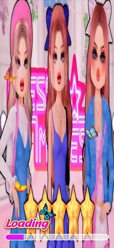 Three stylish doll characters and five golden stars on the loading screen of the Dress To Impress fashion game