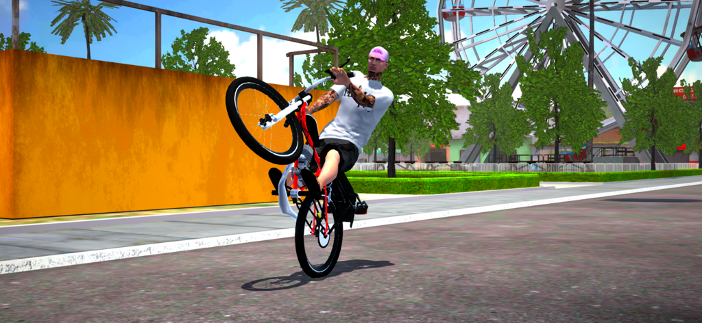 Vida de Bike - Brasil - Un personaje realizando un caballito en una bicicleta en un parque urbano con una noria de fondo