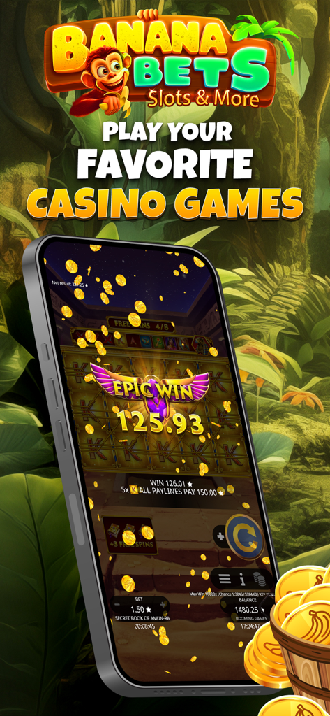 BananaBets – Slots & More - BananaBets mobile app showing a jungle themed slot game with an epic win message