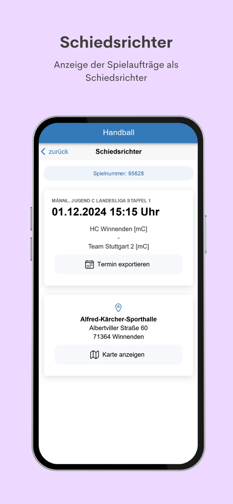 H4A App - Handball referee match assignment details in the H4A app showing game time and venue location