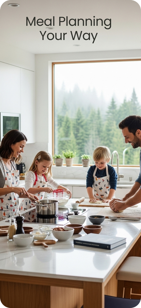 a better meal - Meal Planner - Uma família feliz preparando uma refeição saudável juntos em uma cozinha moderna e iluminada com o texto Planejamento de Refeições do Seu Jeito