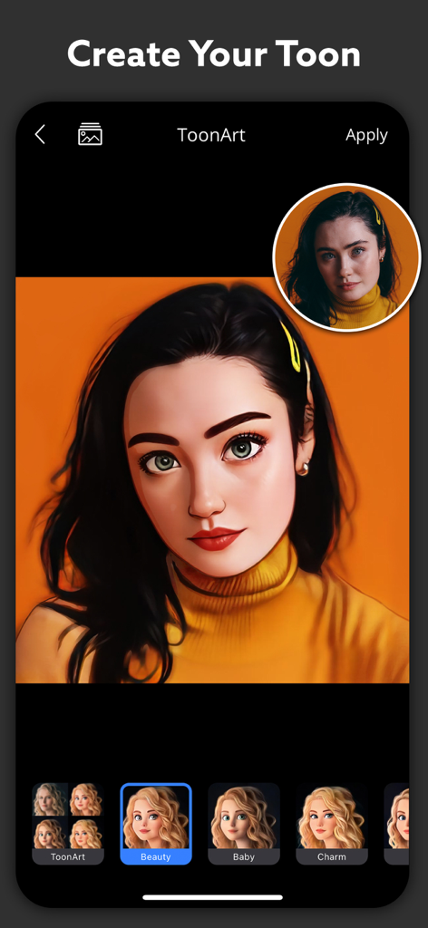 Polaroid AI Photo : ToonArt - A interface do aplicativo ToonArt exibindo uma foto de retrato de uma mulher convertida em um personagem de desenho animado digital estilizado usando o filtro Beleza.