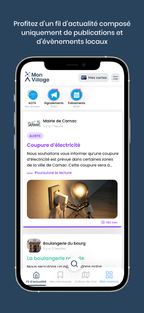 Mon Village - infos & services - Smartphone displaying the Mon Village app news feed featuring a power outage alert from a local town hall