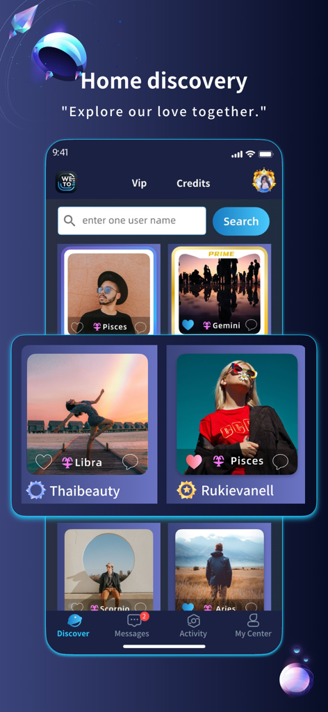 Wetolove - Pantalla de descubrimiento de la página de inicio de la aplicación Wetolove que muestra perfiles de usuario con nombres y signos del zodíaco.