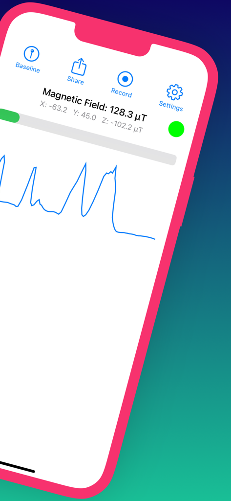 Flux EMF App-Oberfläche, die den Echtzeit-Magnetfeldstärkegraphen und die XYZ-Komponenten auf einem iPhone-Bildschirm anzeigt