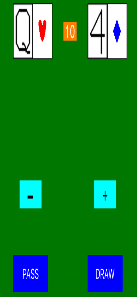 Acey Deucey Game - Interfaz del juego de cartas Acey Deucey con cartas de juego sobre un fondo verde y botones de acción