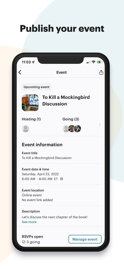 Screenshot of the Meetup for Organizers app displaying event management details for a book club discussion