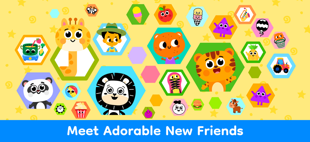 Infant Games for 1 Year Olds - Colorful screen displaying cute animal characters and objects in hexagons from the Infantoo app
