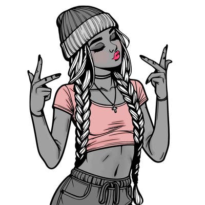 realistic teenage girl with braids and a beanie and crop top doing 🫶🏼