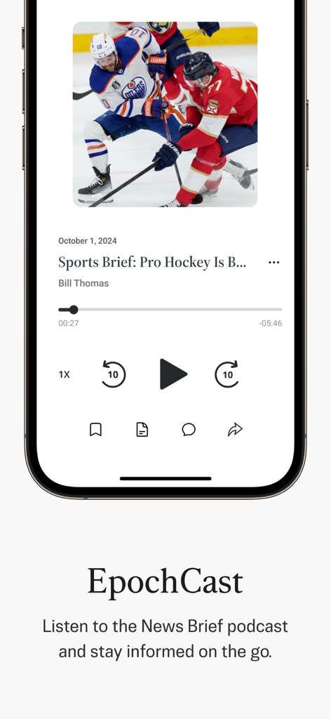 EpochCast mobile app feature for listening to news podcasts.
