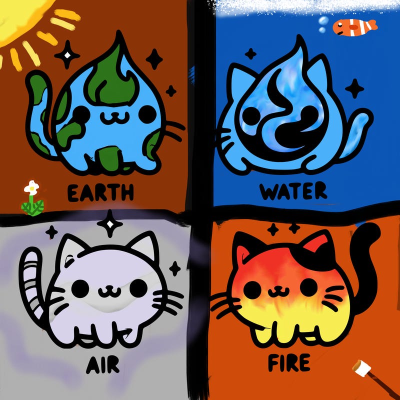 4 cats that represent the different elements, earth, water, air, and fire