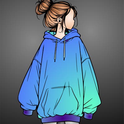 realistic girl with a oversized sweatshirt on and a bun