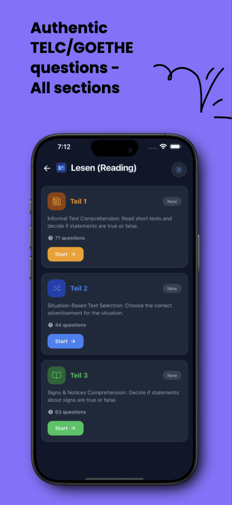 German A1 Exam: Goethe & telc - German A1 Reading practice modules for Goethe and TELC exams showing different comprehension tasks.