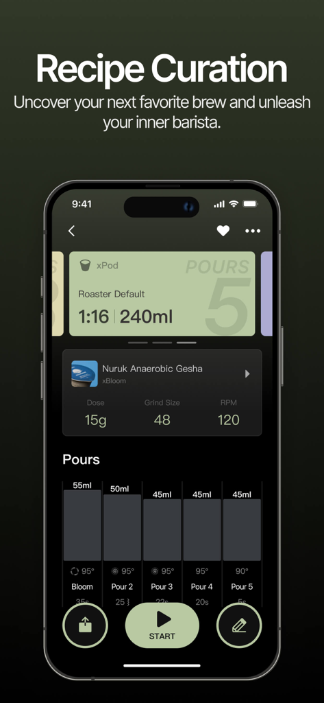 xBloom Coffee app interface displaying detailed brewing parameters and a multi-stage pour sequence for a specific coffee recipe.
