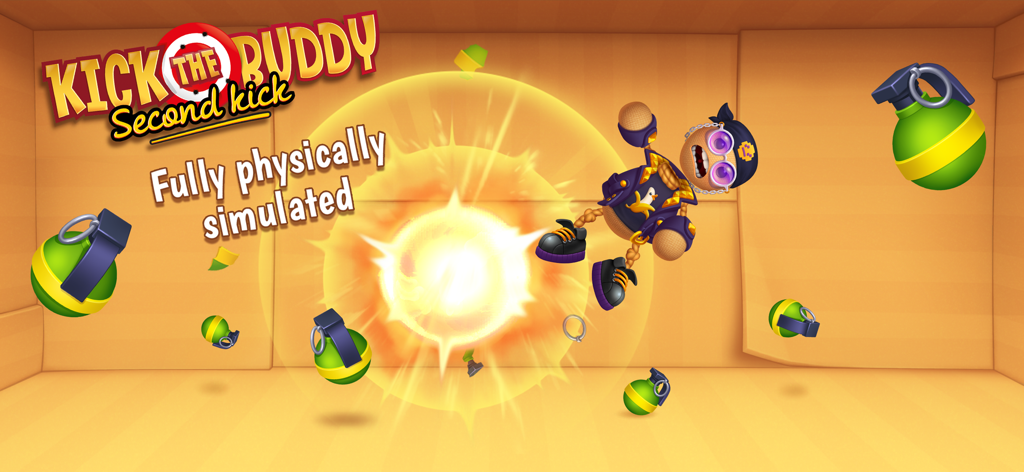 Kick the Buddy: Second Kick - 킥 더 버디 세컨드 킥의 게임 플레이 스크린샷으로, 큰 폭발과 상자 속에서 날아가는 버디 캐릭터를 보여줍니다.