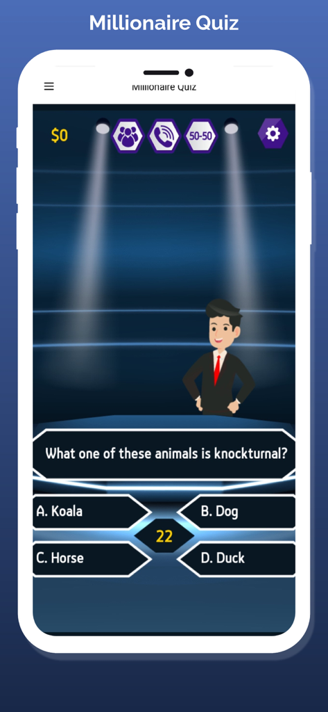 Millionaire Quiz: Tv Game 2023 - Interfaz del juego móvil Millonario Quiz que muestra una pregunta de trivia con cuatro opciones de respuesta y un presentador caricaturesco