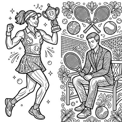 Dive into the world of tennis greats with this intricate coloring page featuring celebrated retired players. Perfect for adults, it offers a blend of athletic prowess and detailed artistry.