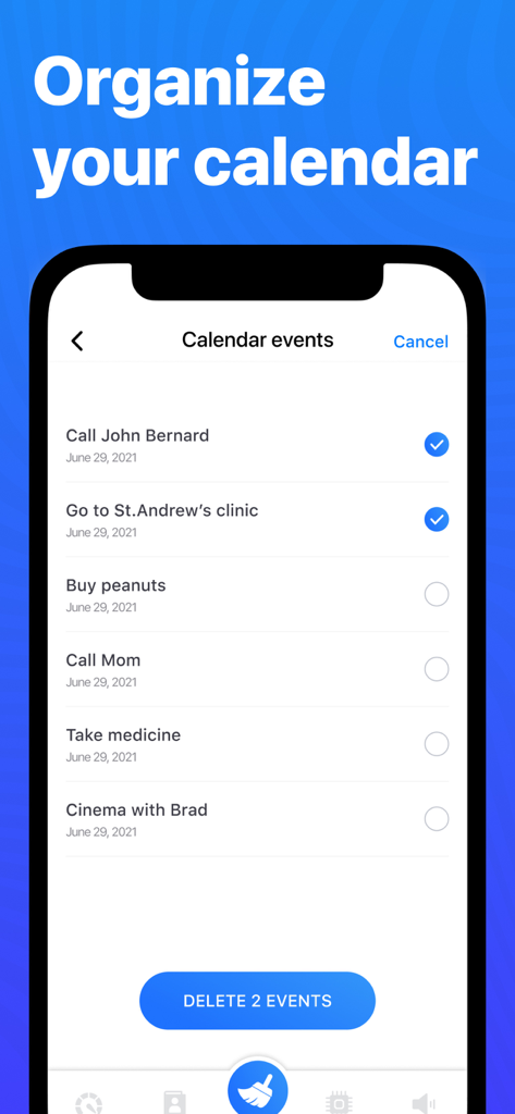 선택 및 삭제 옵션과 함께 캘린더 이벤트 목록을 보여주는 Clean Storage 앱의 모바일 인터페이스.