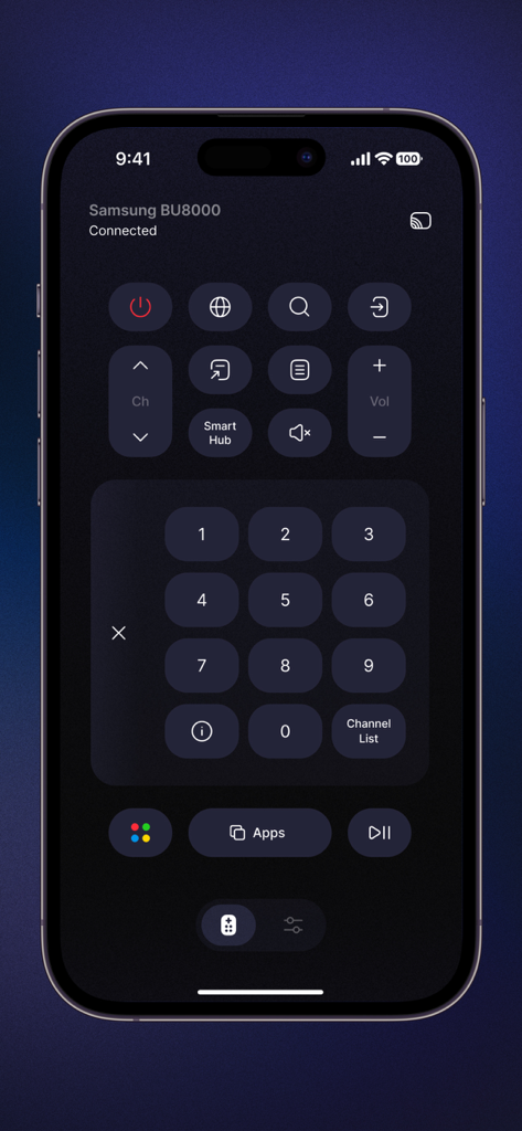 Universal TV Remote Control・ - Universal TV remote app interface on a smartphone showing a numeric keypad and various control buttons
