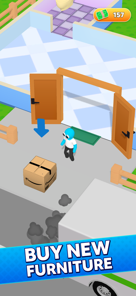 새 가구를 구매하라는 문구가 적힌 집 밖에 배달 상자 옆에 서 있는 파란색 캐릭터.