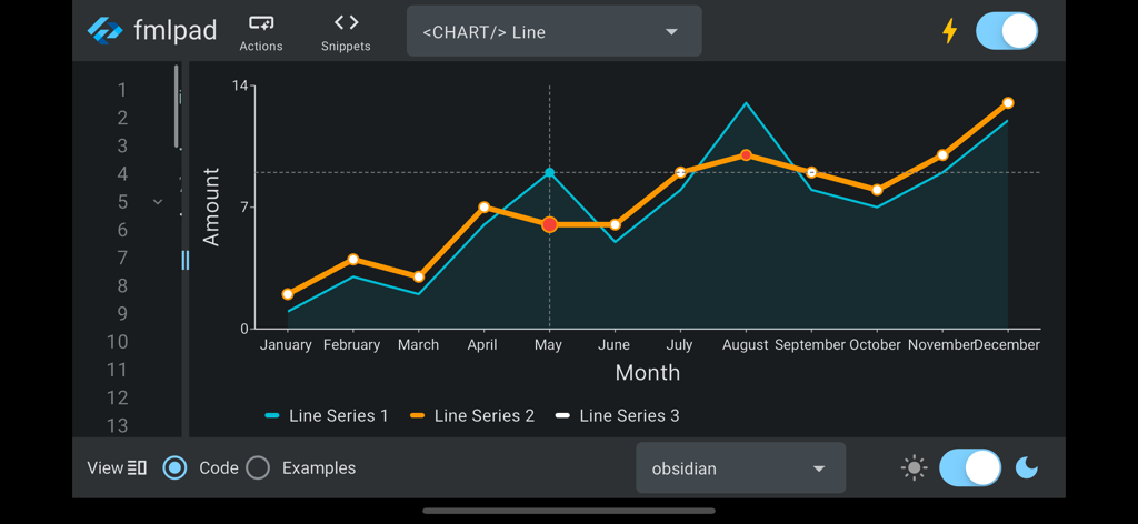 Framework Markup Language - Un componente de gráfico de líneas renderizado en la aplicación de desarrollador Framework Markup Language utilizando un tema oscuro.