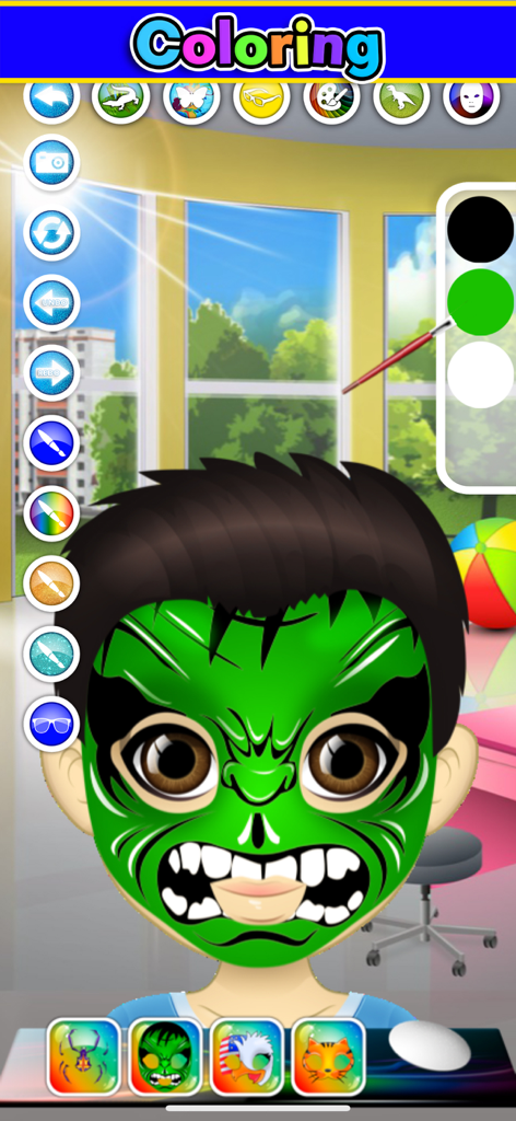 Kids Face Paint: Coloring Game - Interfaz del juego de colorear Kids Face Paint con un niño con un diseño de máscara de monstruo verde