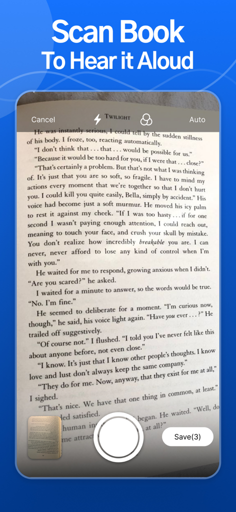 Read Aloud TTS: Text to Speech - Smartphone camera scanning a book page to convert text into speech