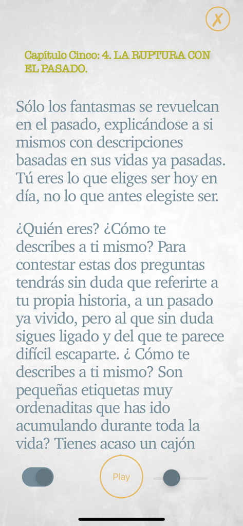 Tus Zonas Erróneas - Screenshot of the Spanish audiobook app Tus Zonas Erroneas showing chapter five text and a play button