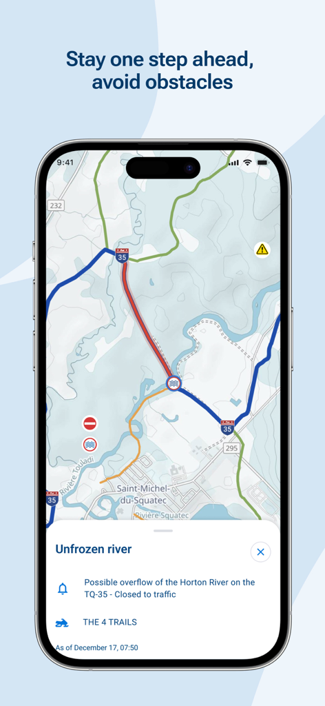 A screenshot of the iMotoneige app displaying a map with a real-time warning about a trail closure due to an unfrozen river.
