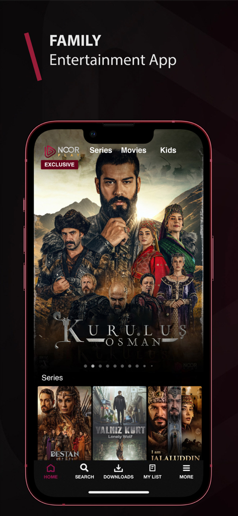 Noor Play - Interfaccia dell'app mobile Noor Play con il dramma storico Kurulus Osman e contenuti di streaming per famiglie.