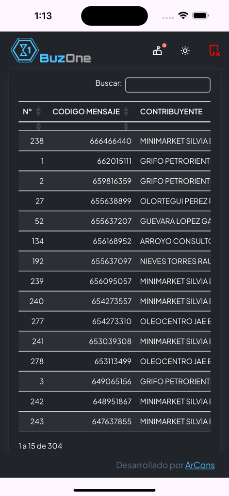 Buzone - Panel de la aplicación móvil Buzone que muestra una tabla de contribuyentes y códigos de mensajes de SUNAT para profesionales de la contabilidad