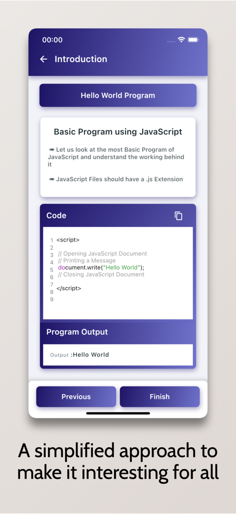 Learn JavaScript - OnePercent - JavaScript mobile tutorial screen showing a basic Hello World program with code syntax and output