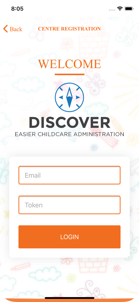 Discover Childcare - Login page for Discover Childcare app showing email and token input fields