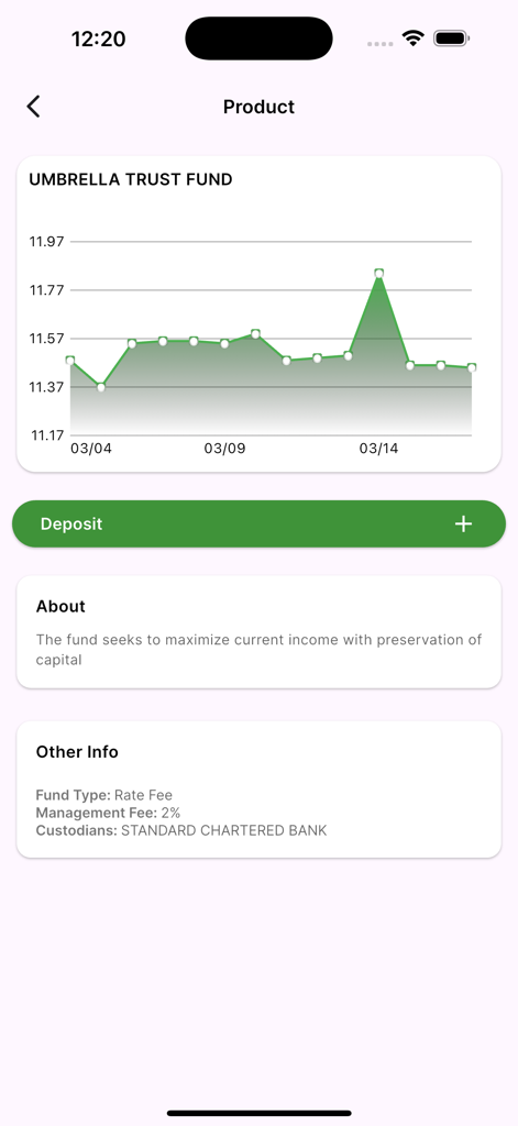 Screenshot of the OMIG Wealth app showing the Umbrella Trust Fund performance chart, fund description, and management fee details.