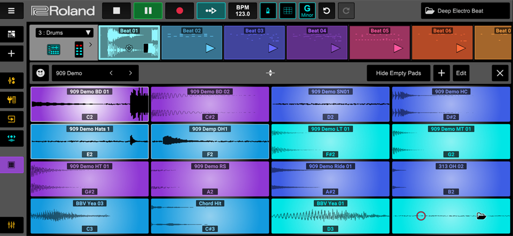 Roland Zenbeats - Interface of the Roland Zenbeats mobile app featuring the ZR1 drum sampler with 909 pads and colorful loop builder tracks