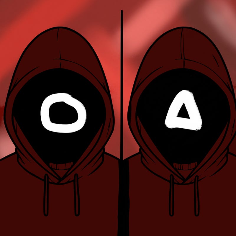 a person with a hoodie and no face, the drawing is split in 2