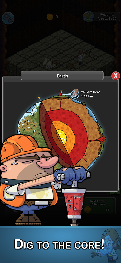放置系クリッカーゲーム「Tap Tap Dig」で、削岩機を使って地球の核に向かって掘り進むカートゥーンの建設作業員