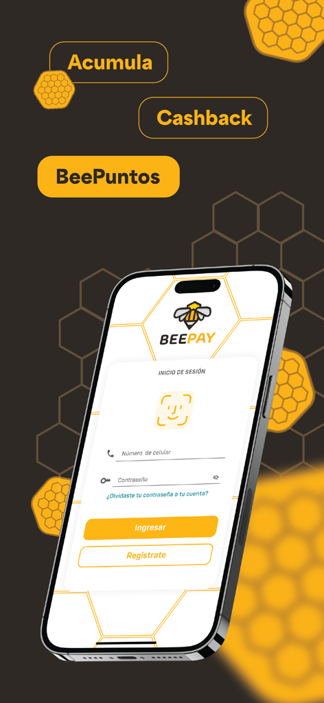 BeePay - Pantalla de inicio de sesión de la aplicación móvil BeePay con información de cashback y recompensas en español