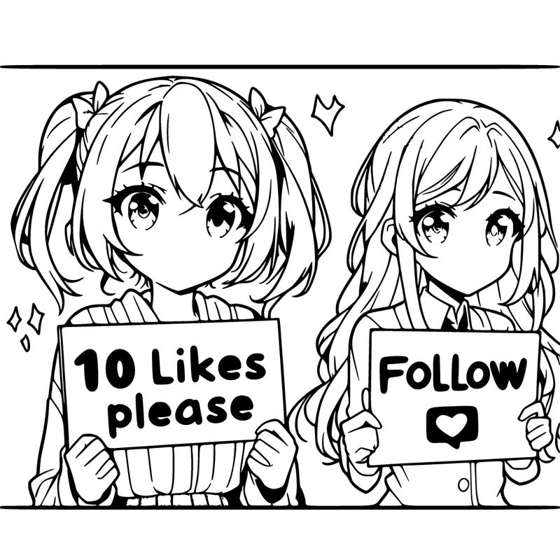 two anime girls: one holding a sign that says 10 likes please, and the other girl holding a sign that says "follow me"