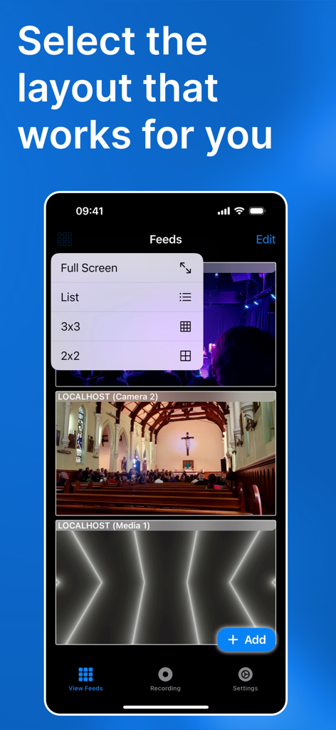 NDI Switcher - Focus - Oberfläche der NDI Switcher Focus App mit Layout-Auswahloptionen wie Vollbild und Listenansicht zur Verwaltung mehrerer Video-Feeds