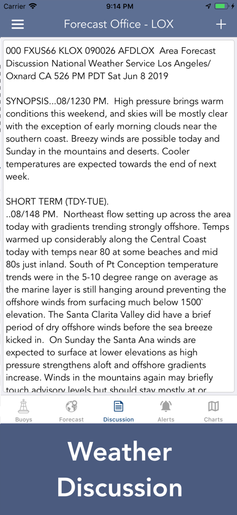 Technical weather forecast discussion from the National Weather Service for Los Angeles and Oxnard within the Marine Weather Forecast Pro app