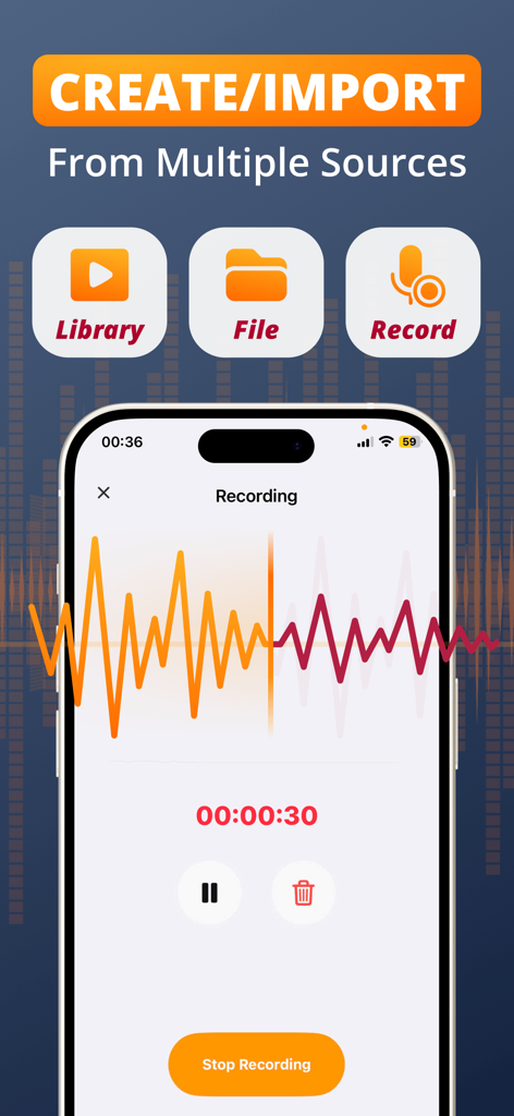 Smartphone screen showing an audio recording in progress with waveform and source selection buttons for library and files