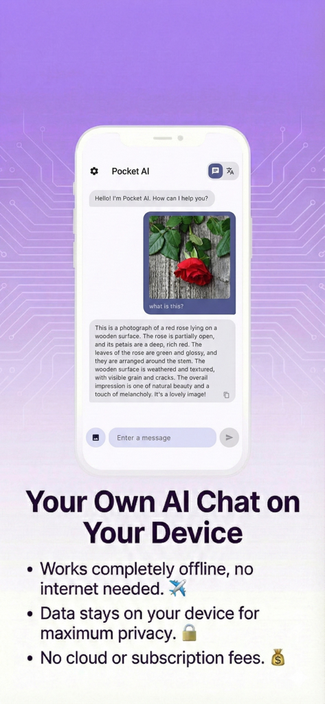 Pocket AI: Pocket Offline AI - Pocket AI interface showing offline chat and image recognition on a mobile device