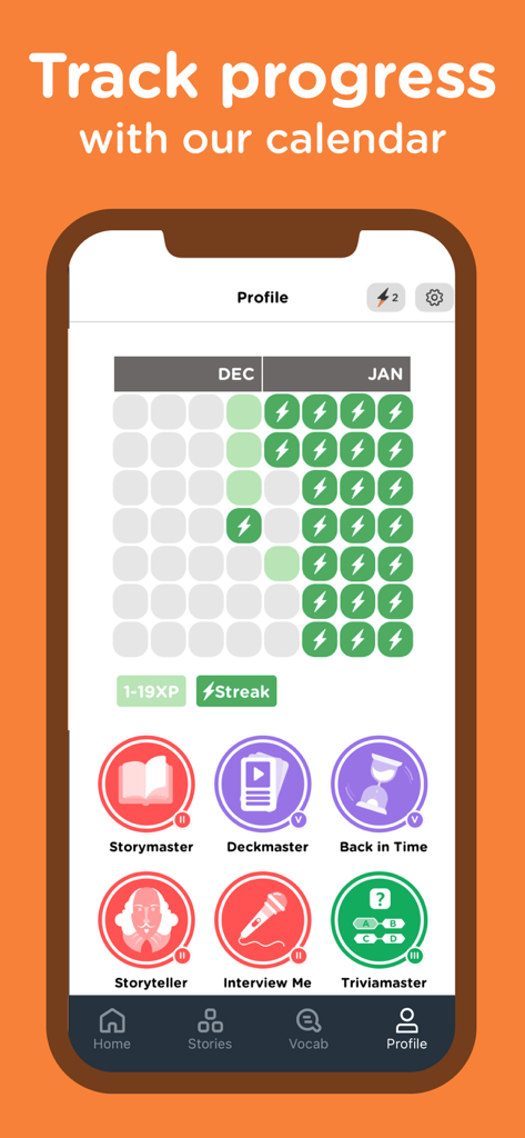 Seedlang app profile interface showing a learning streak calendar and achievement badges