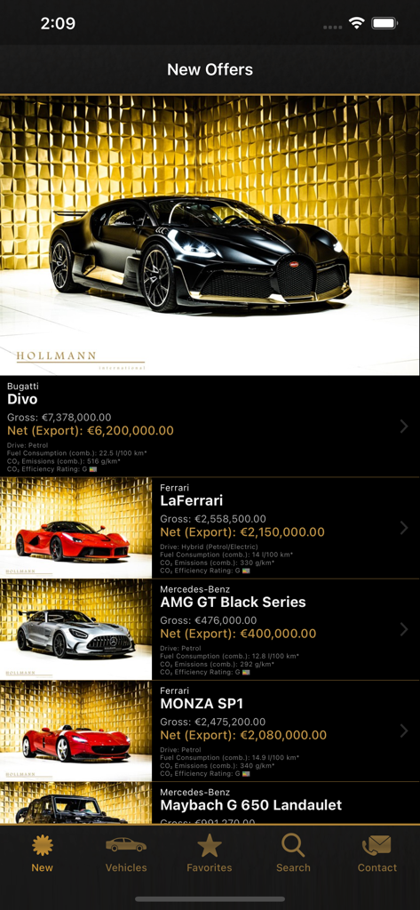 The Hollmann International app displaying a selection of ultra luxury cars like the Bugatti Divo
