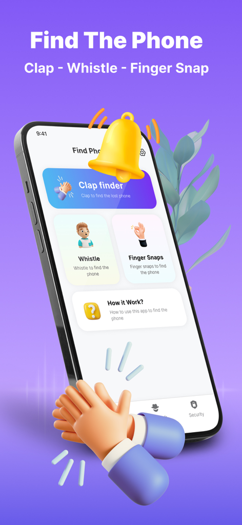 ClapRing: Find Phone By Clap - Interface of the ClapRing app showing buttons to find a lost phone by clapping whistling or finger snapping