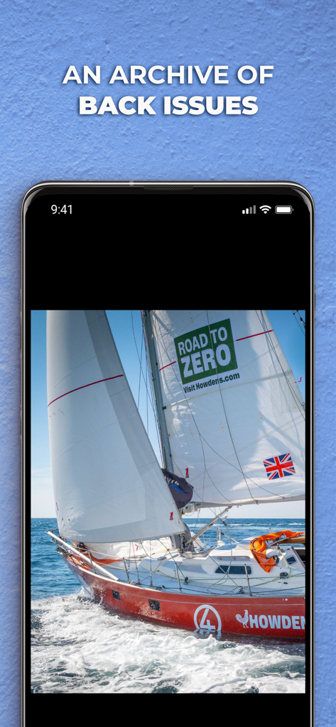Yachting Monthly Magazine NA - Uno smartphone che mostra una barca a vela e un archivio degli arretrati dell'app della rivista Yachting Monthly.