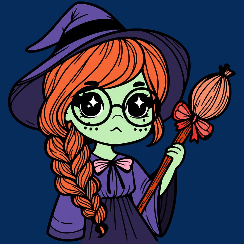 a witch with a braid and two glasses