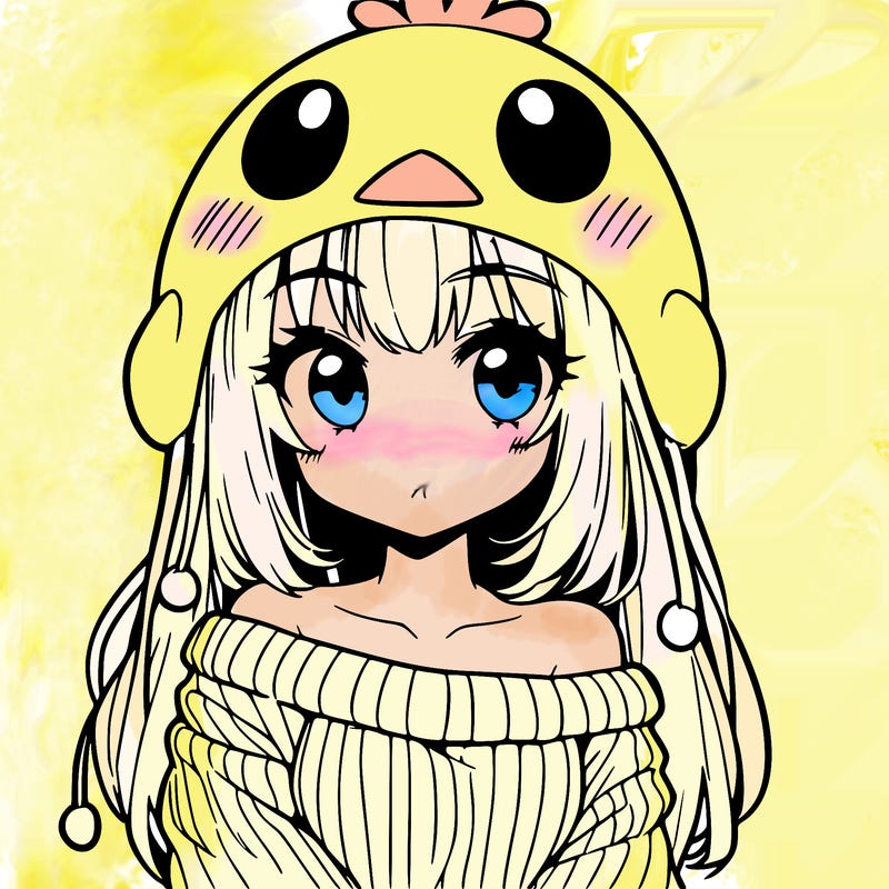 anime girl with chick shaped hat with sweater with bare shoulders with bangs covering them one eye with low tail